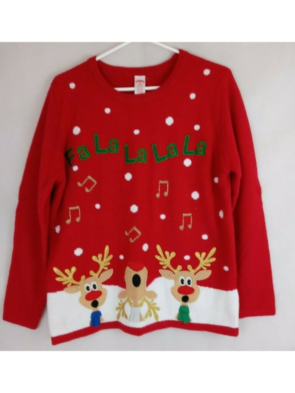 Holiday Time Singing Reindeer Red Metallic Christmas Sweater Size Large 12/14